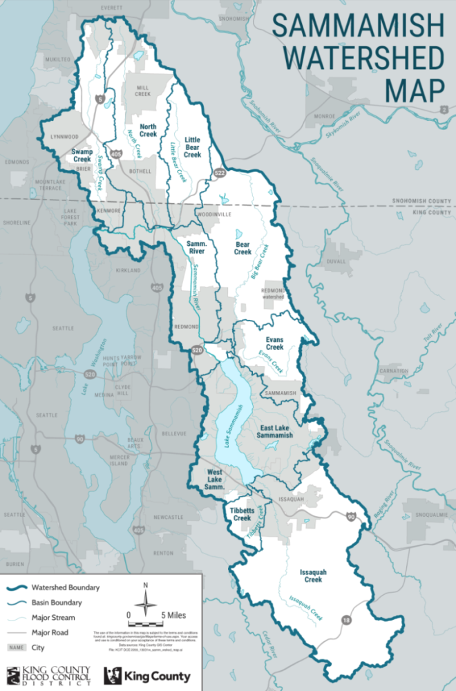 A map of the Sammamish watershed. The watershed is about four times as long north to south as it is wide east to west.