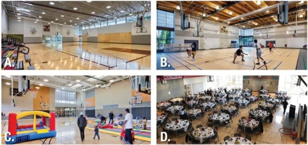 Four renderings of a gymnasium labeled A through D. A shows a basketball court with metal bleachers on the lefthand side. A thin row of windows lines the very top of the wall on the righthand side. Metal tracks with lights are on the ceiling. B shows a basketball court with wood posts and lights on the ceiling. Two floor to ceiling windows/doors are in the corners of the court. C has one larger floor to ceiling windows/main entrance with white metal lighting tracks on the ceiling. D show a basketball court with dozens of round tables set up for an event. 