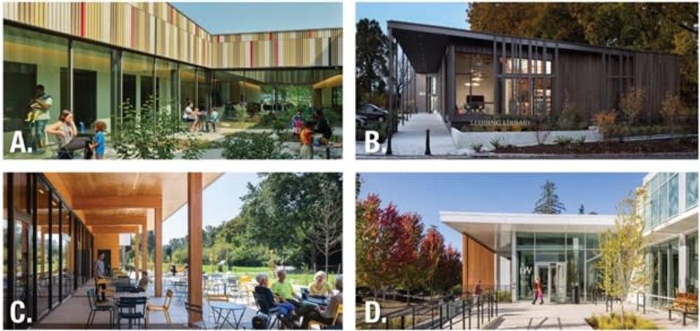 Four renderings of entry/outdoor images for the community center labeled A through D. A shows a courtyard with plants, chairs, and an L-shaped building with tall window walls. The very top of the building has different colors of vertical panels. B is a natural, dark wood tone building with a shed-style roof. It has tall windows with wood siding. C is a window wall with light-colored wood awning and wood posts covering a paved patio with table and chairs. Next to it is a grassy field. D. is a white, modern-looking building with floor to ceiling windows and a paved patio. A couple of trees and a wooden bench are on the patio along with a ramp and metal railings.  