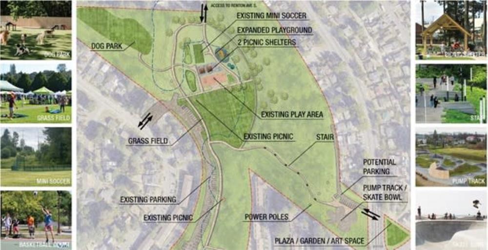 Zoomed in portion of north end of Skyway Park. Photos and labels of exisiting play area, expanded playground, mini soccer, two picnic shelters, pump track, basketball court, grass field and dog park
