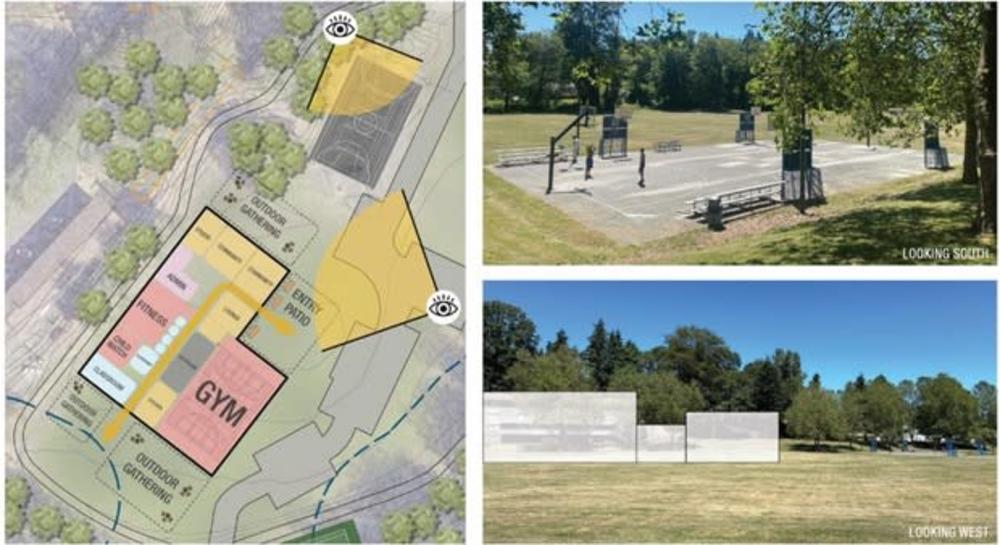 Floor plan graphic of the proposed community center along with a photo of the basketball court with text that reads "looking south." Another photo reads "looking west" and shows a grass field