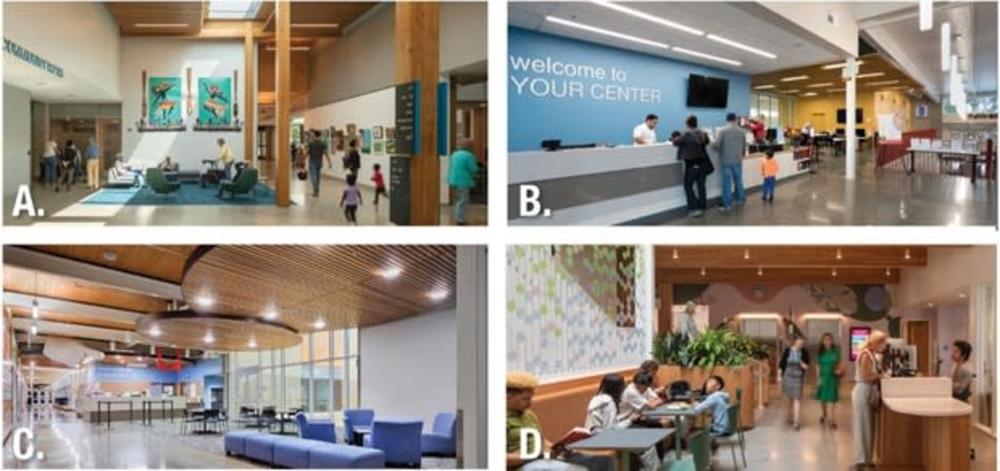 Four renderings of a lobby labeled A through D. A has a two-story lobby with sky lights, wooden posts, and a seating area with artowrk. There is also a hallway with artwork along the side taking you to other areas. B is a long reception desk with TV monitor, and you can see to other spaces with meeting rooms and tables. C has a lounge area with two large wooden circles with lights on the ceiling. Cushioned chairs and couches along with tables and chairs are nearby. Option D has a smaller wooden reception desk with a long booth with mutliple tables and chairs across from it. Some wood posts with lights hanf from the ceiling, there are planters with plants and an open-air art installation behind the bench/tables.